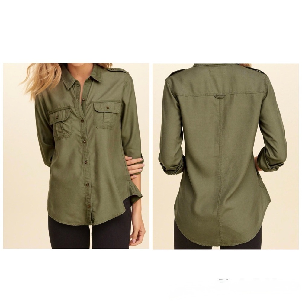 Hollister Vintage Y2K Army Military Long Sleeve Button Down Olive Shirt S